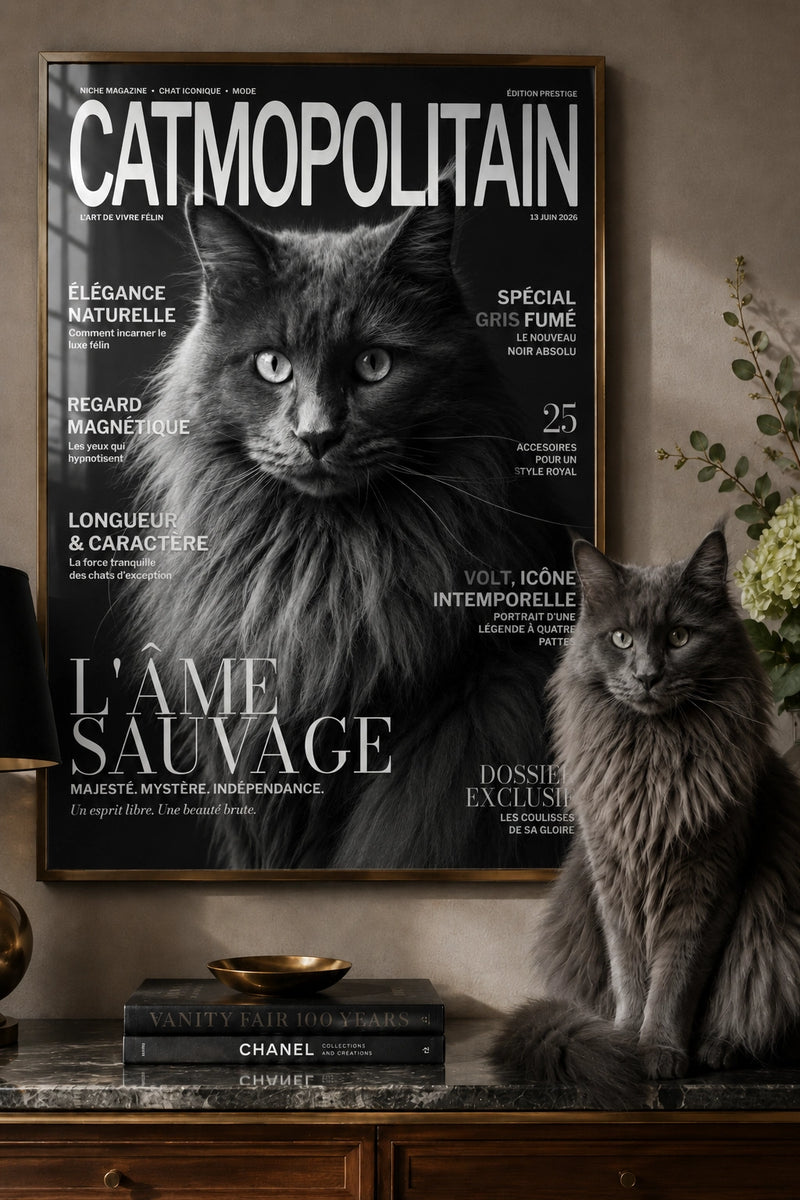 Cat-themed magazine cover with a cat sitting on a table below it.