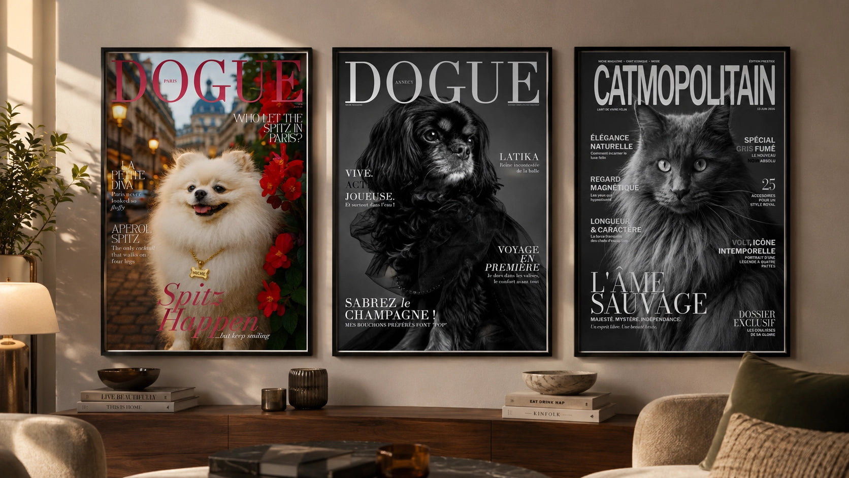 Three framed magazine covers of 'Dogue' and 'Catmopolitan' displayed on a wall.