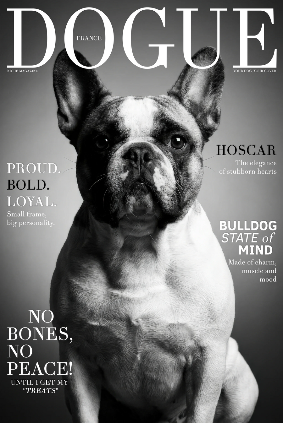 NICHE personalized magazine cover poster featuring Oscar, a French Bulldog, in a black-and-white editorial portrait.
