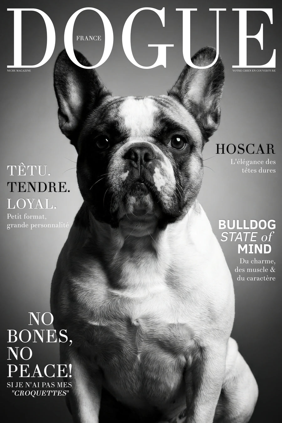 Affiche personnalisée NICHE façon couverture de magazine avec Oscar, bouledogue français, en portrait éditorial noir et blanc.