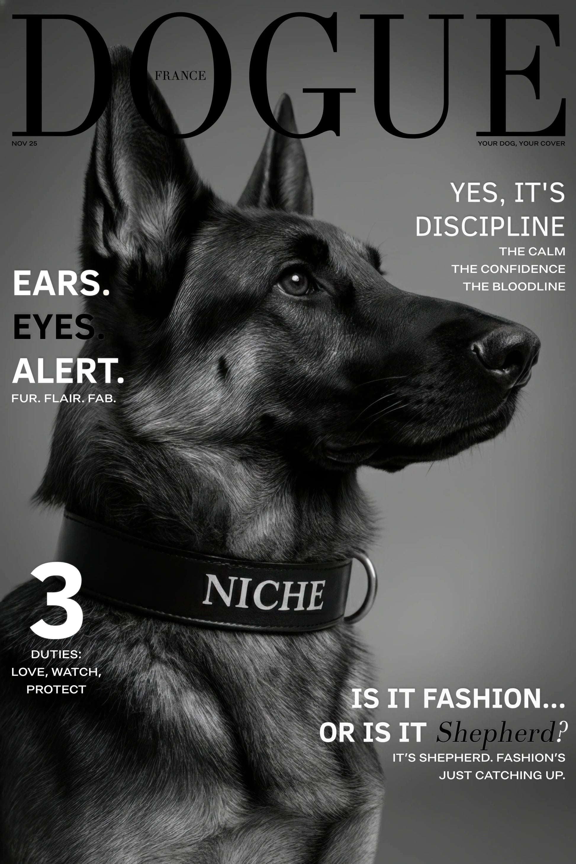Magazine cover featuring a German Shepherd with text about discipline, confidence, and fashion.