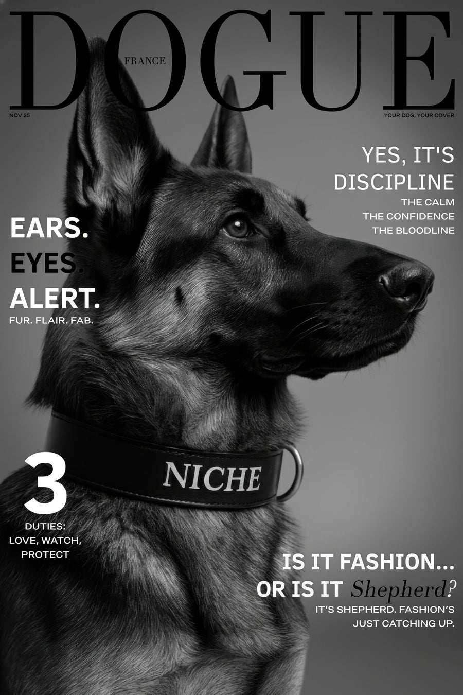 Magazine cover featuring a German Shepherd with text about discipline, confidence, and fashion.