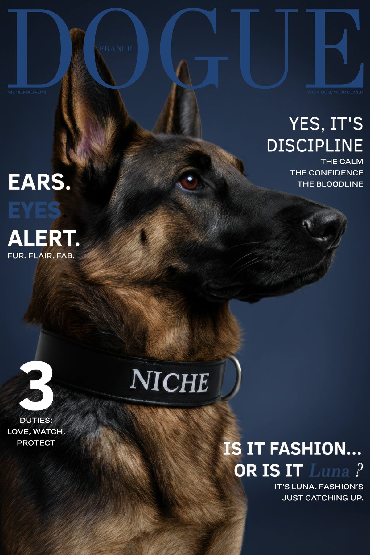 NICHE personalized magazine cover featuring a German Shepherd on a navy blue editorial cover.