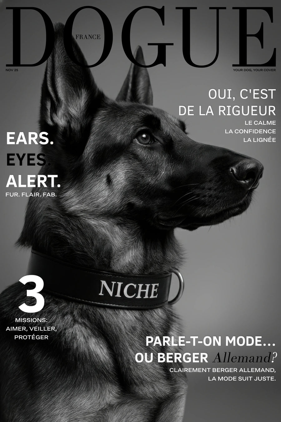 Dog magazine cover with 'Dogue' branding and text about a German Shepherd.