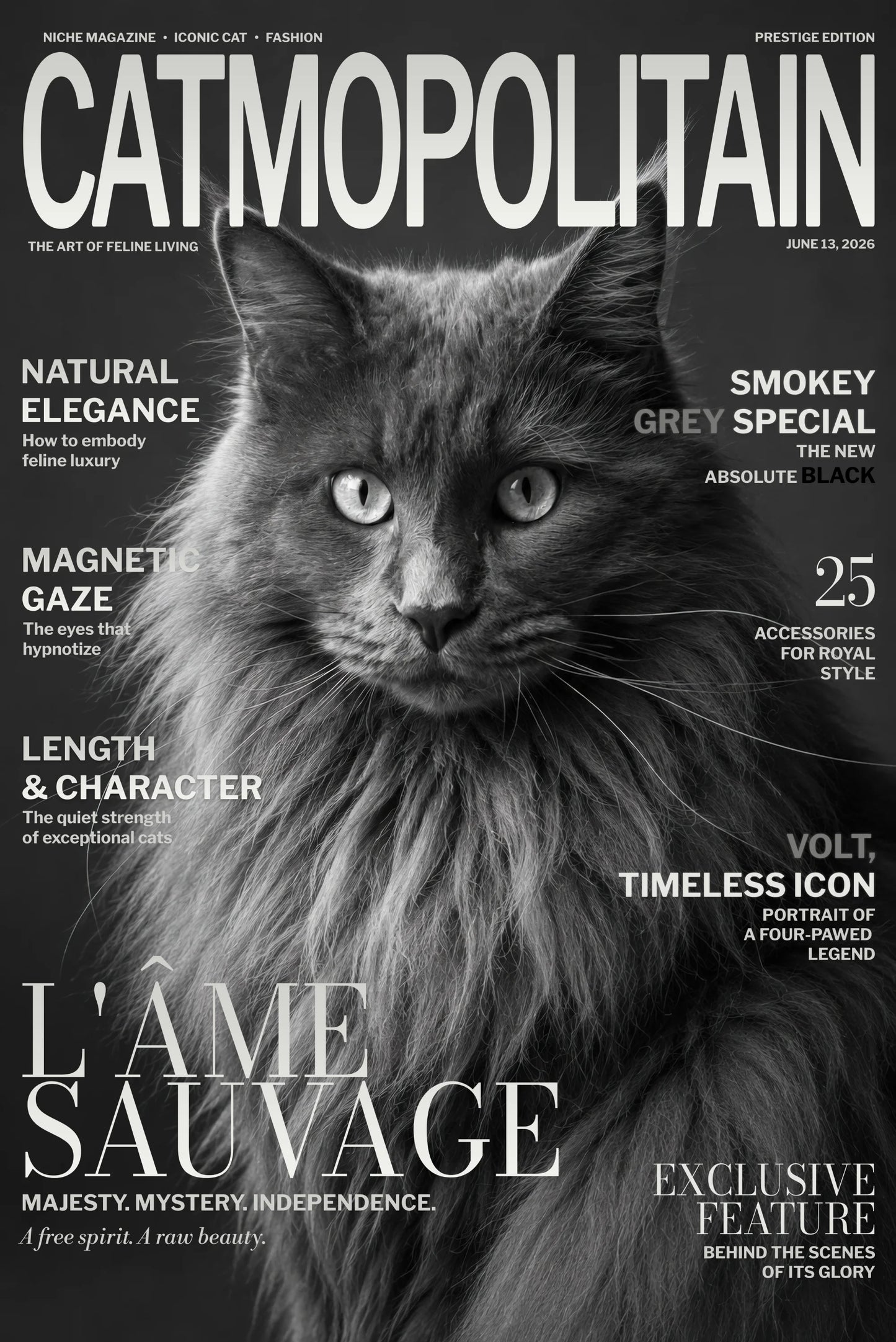 Magazine cover featuring a cat with text about feline living and style.