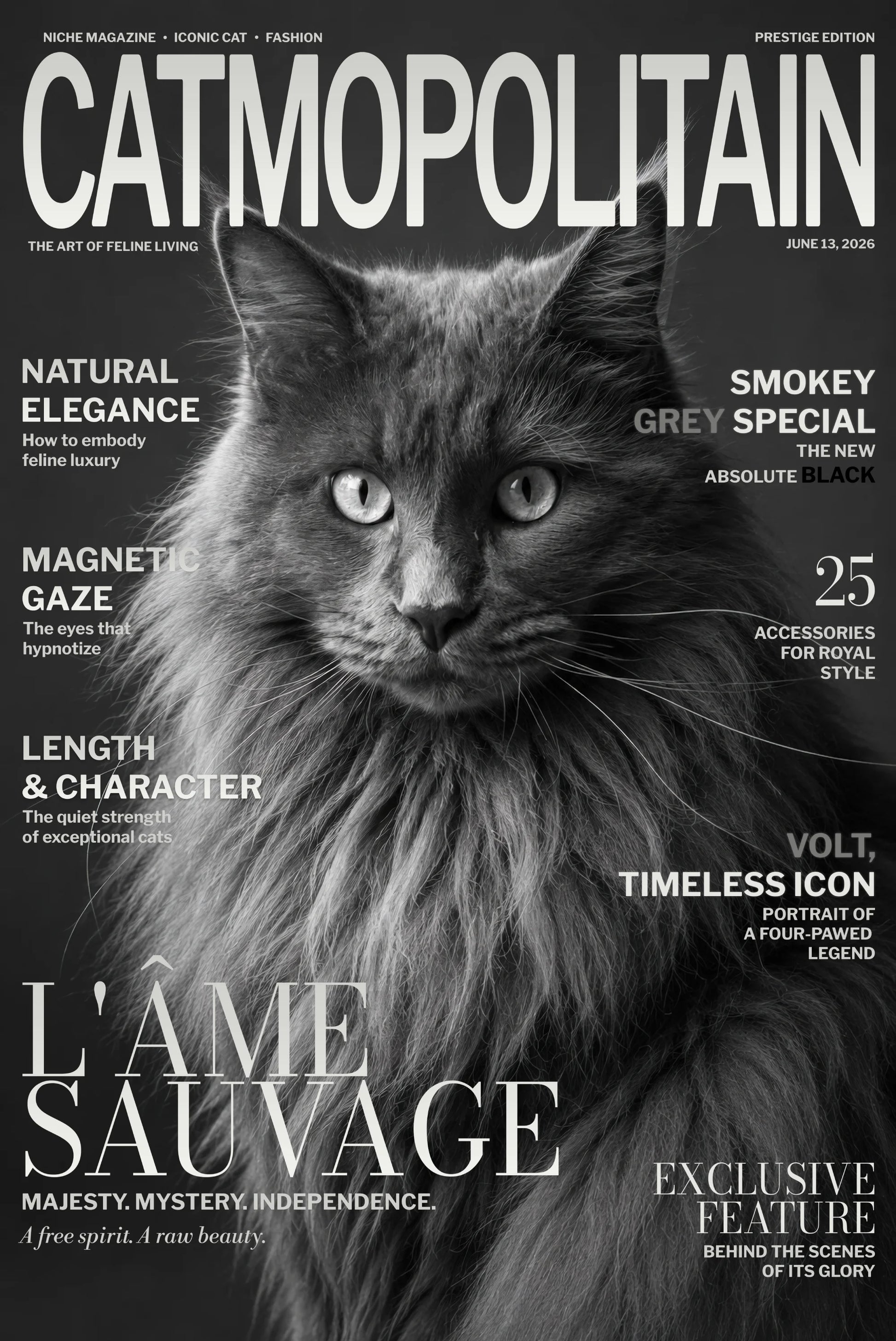 Magazine cover featuring a cat with text about feline living and style.