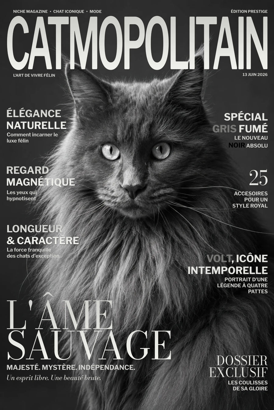 Magazine cover featuring a cat with text about feline characteristics and accessories.