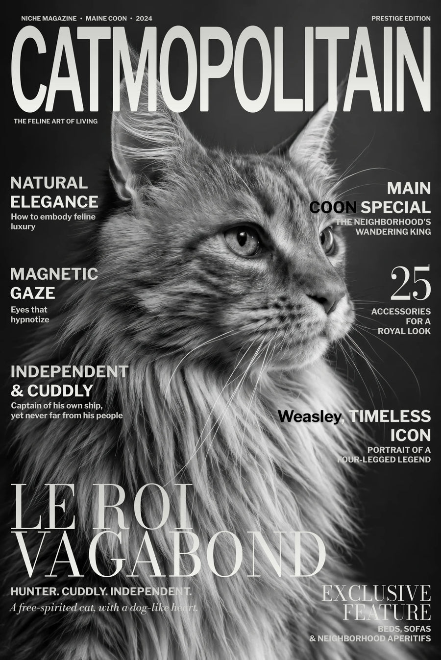 NICHE personalized magazine cover poster featuring Weasley, a long-haired Maine Coon, in a black-and-white editorial portrait.
