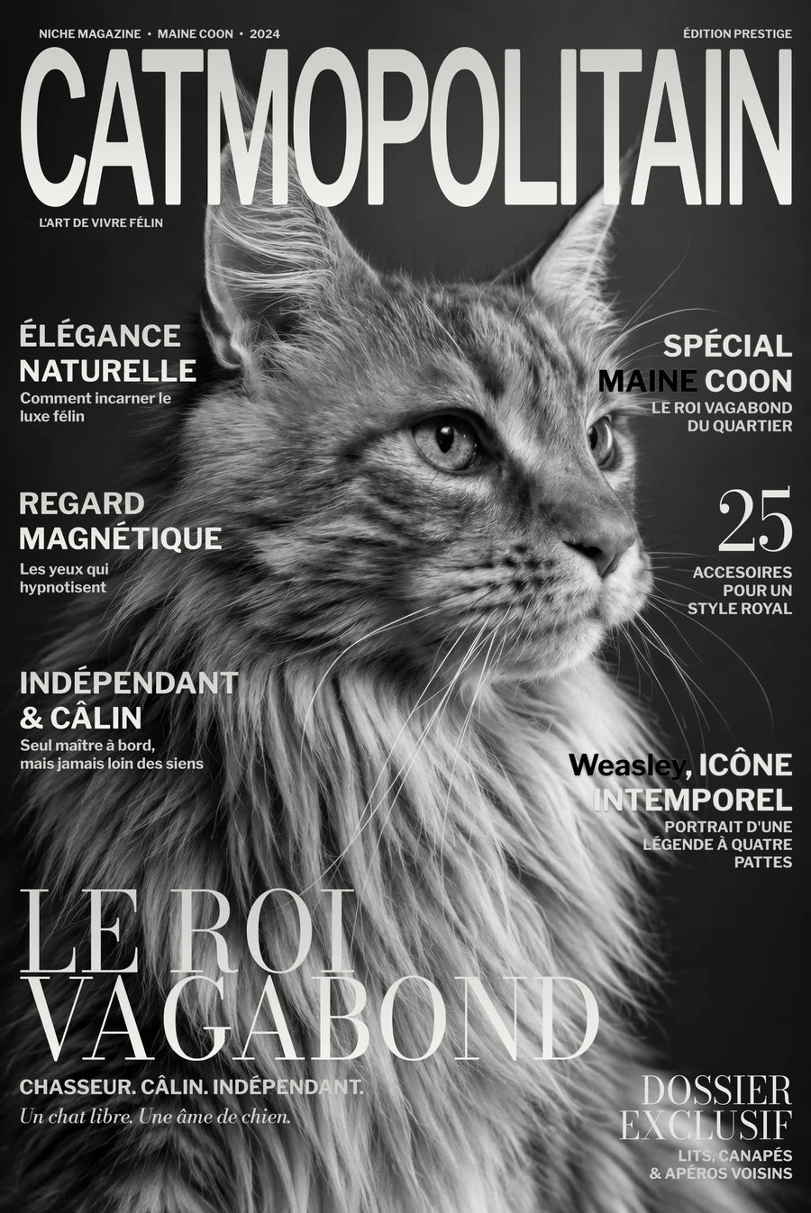 Affiche personnalisée NICHE avec Weasley, Maine Coon à poil long, en portrait noir et blanc façon couverture de magazine.