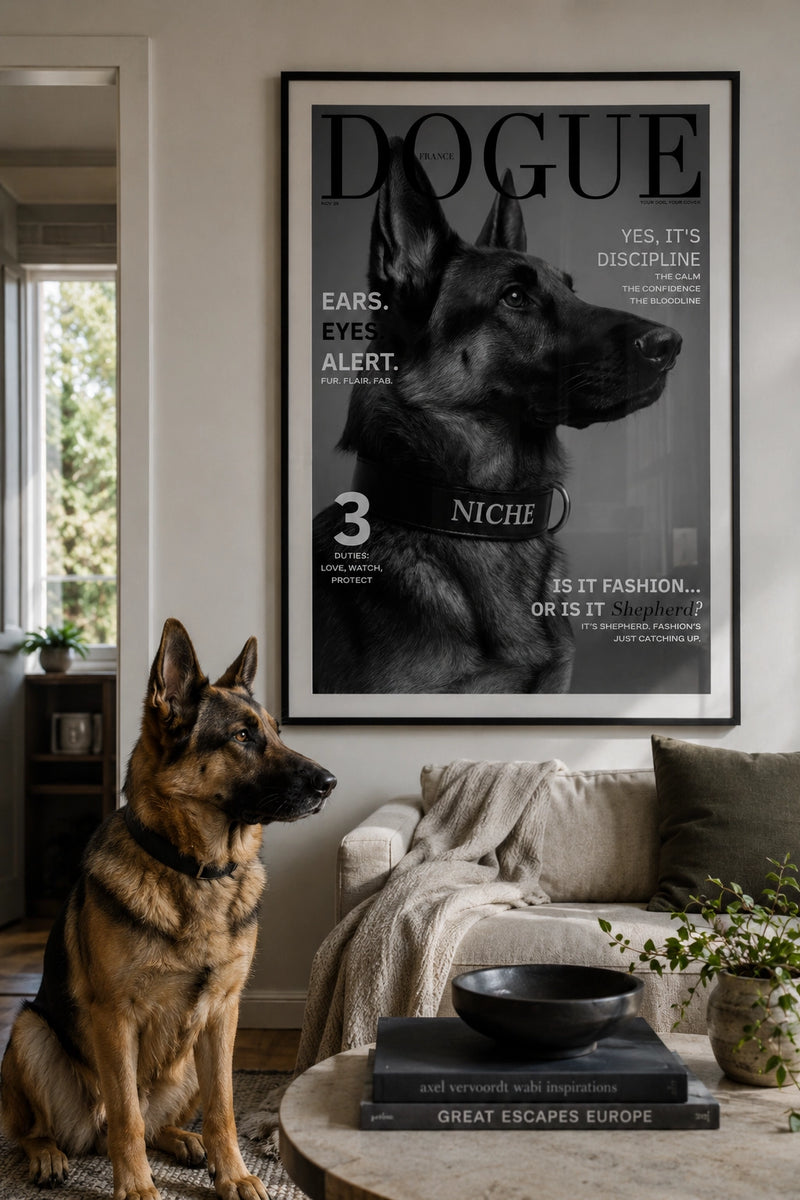 Dog sitting on a couch in a living room with a framed poster of a dog on the wall.
