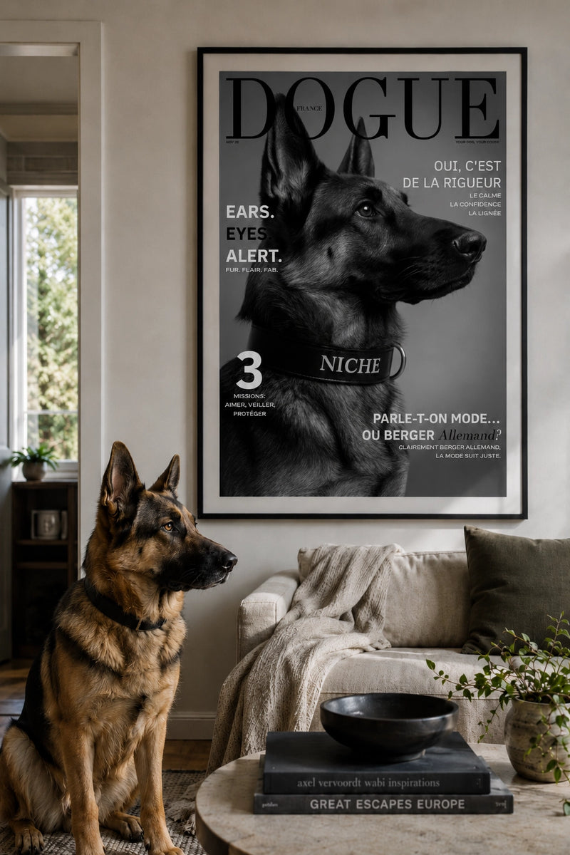 Dog sitting in a living room with a framed magazine cover featuring a dog on the wall.