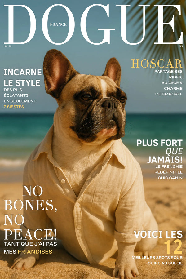 Bouledogue français chic en chemise beige sur la plage, affiche mode canine NICHE