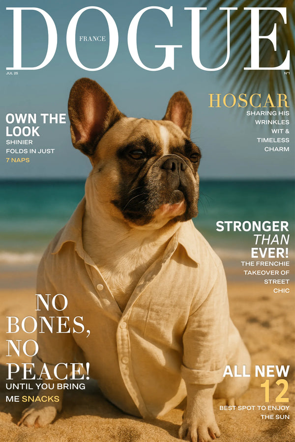 French Bulldog in beige shirt on beach, luxury dog poster by NICHE Magazine