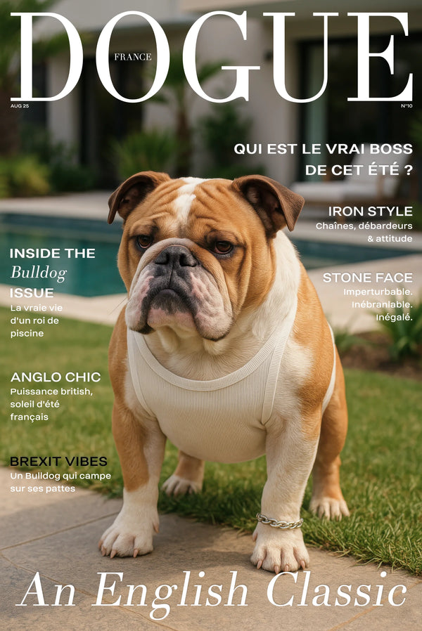 Bulldog anglais en débardeur crème et chaîne argentée près de la piscine, affiche An English Classic