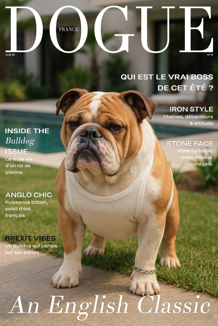Bulldog anglais en débardeur crème et chaîne argentée près de la piscine, affiche An English Classic