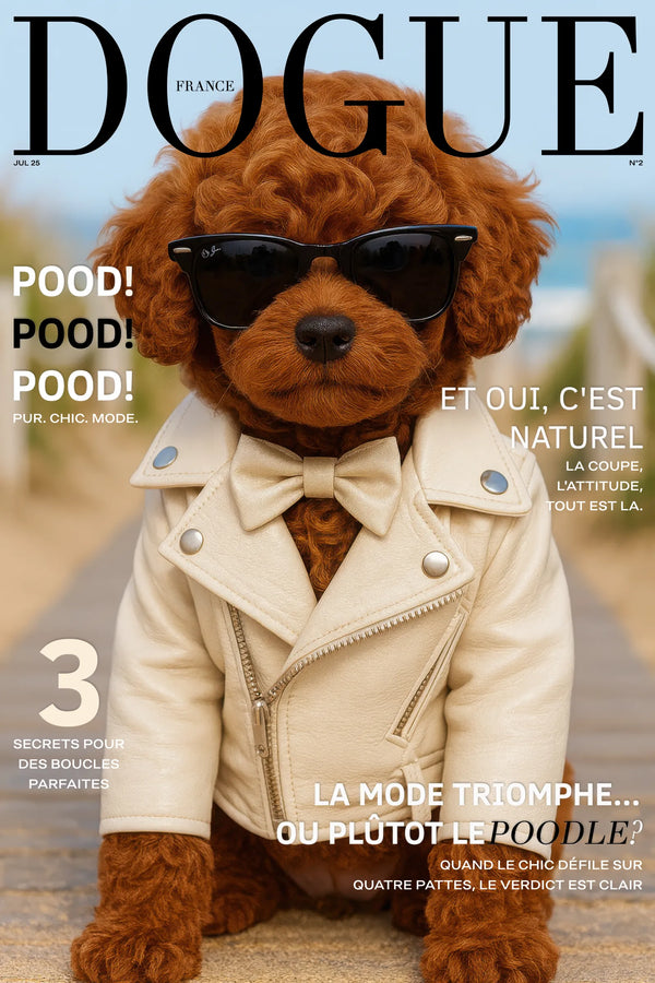 Caniche roux en veste crème et lunettes, affiche de mode canine éditoriale