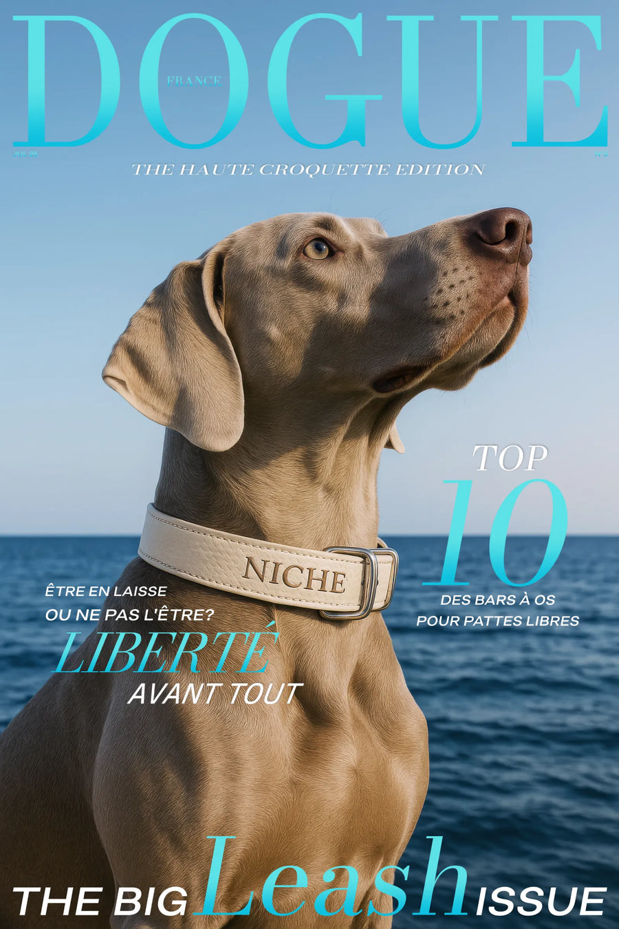 Weimaraner élégant au bord de la mer avec collier NICHE, affiche canine haut de gamme