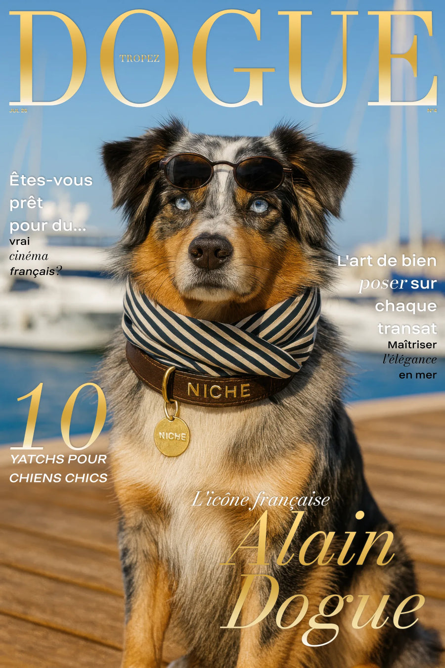 Berger australien stylé avec foulard marin et lunettes, affiche chic Saint-Tropez NICHE