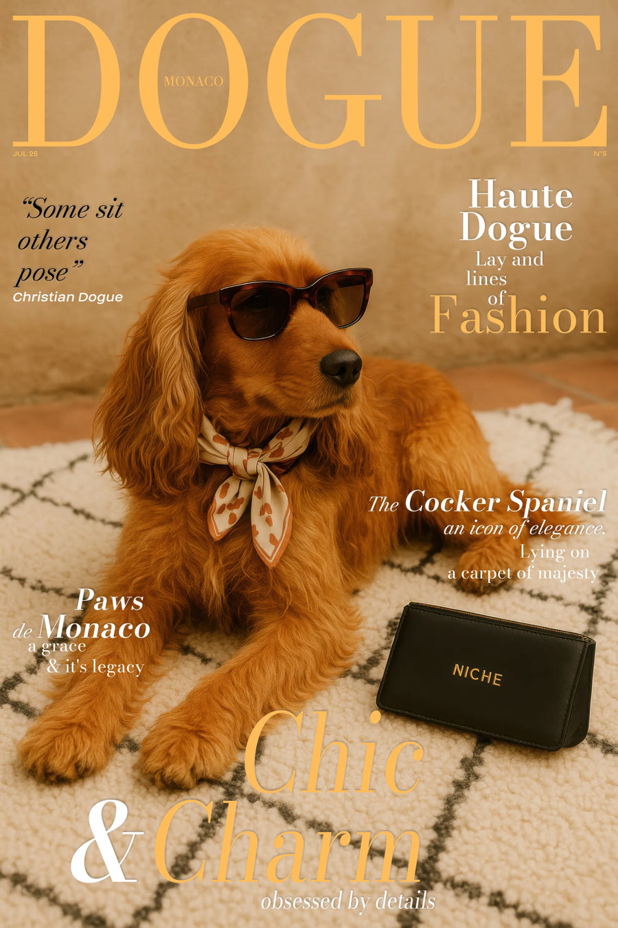 Golden Cocker Spaniel on rug with silk scarf and NICHE clutch, Monaco fashion dog print