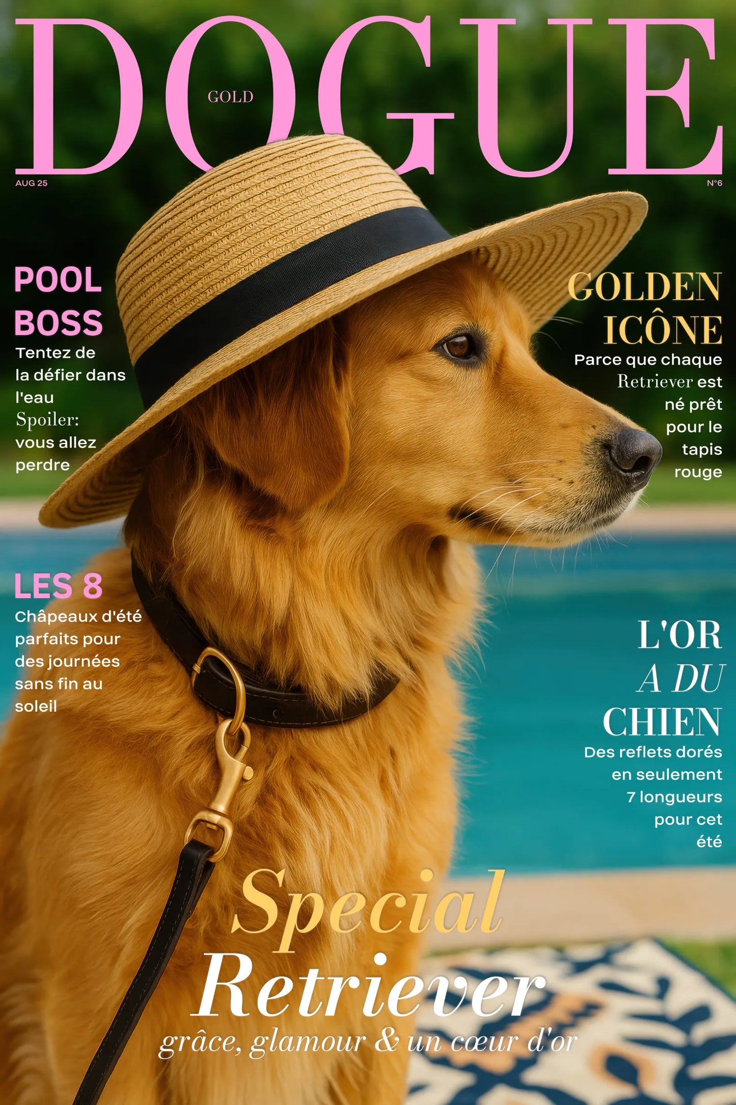 Golden Retriever au chapeau de paille au bord de la piscine, affiche dorée estivale