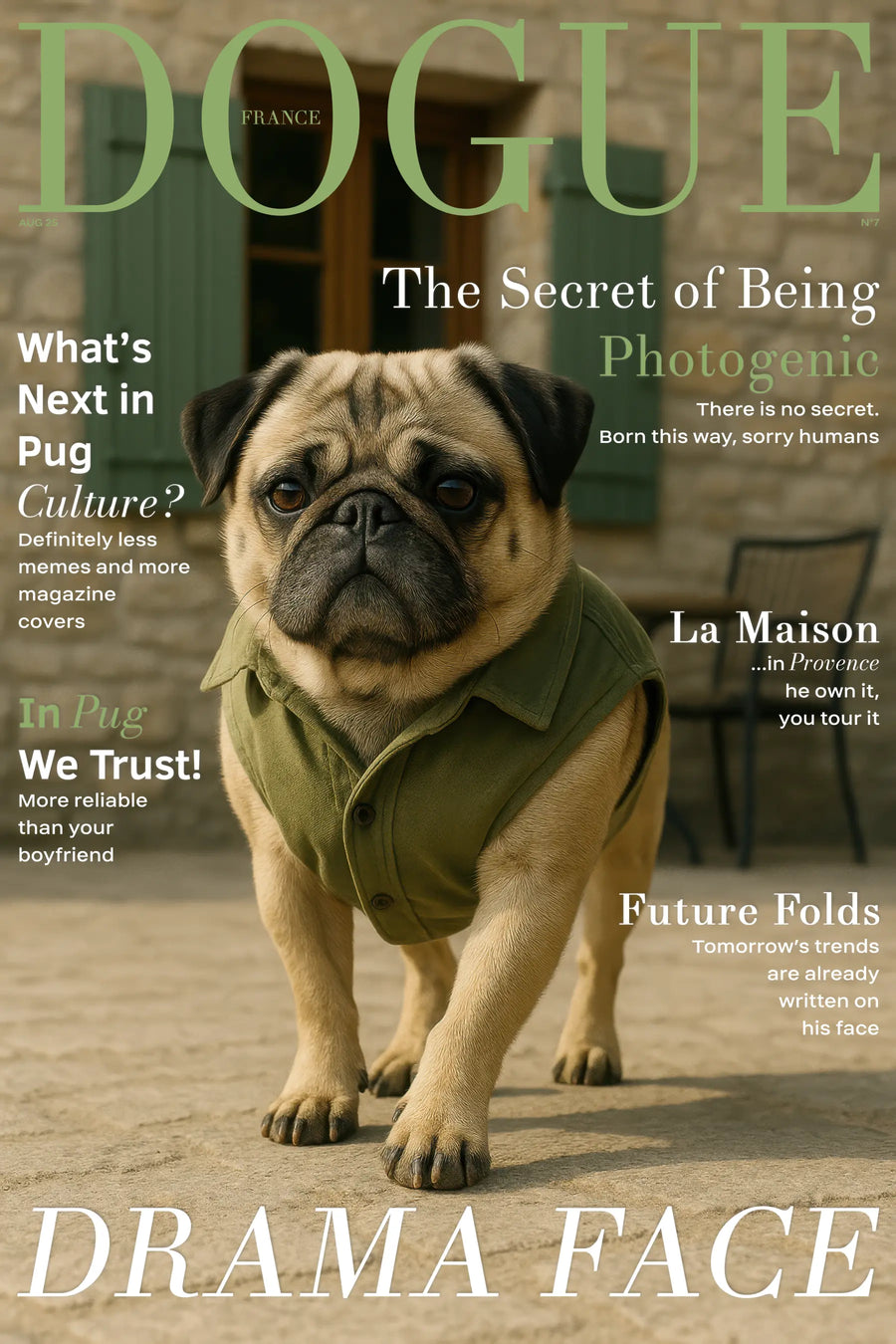 Pug in green shirt in Provence courtyard, luxury dog fashion art print