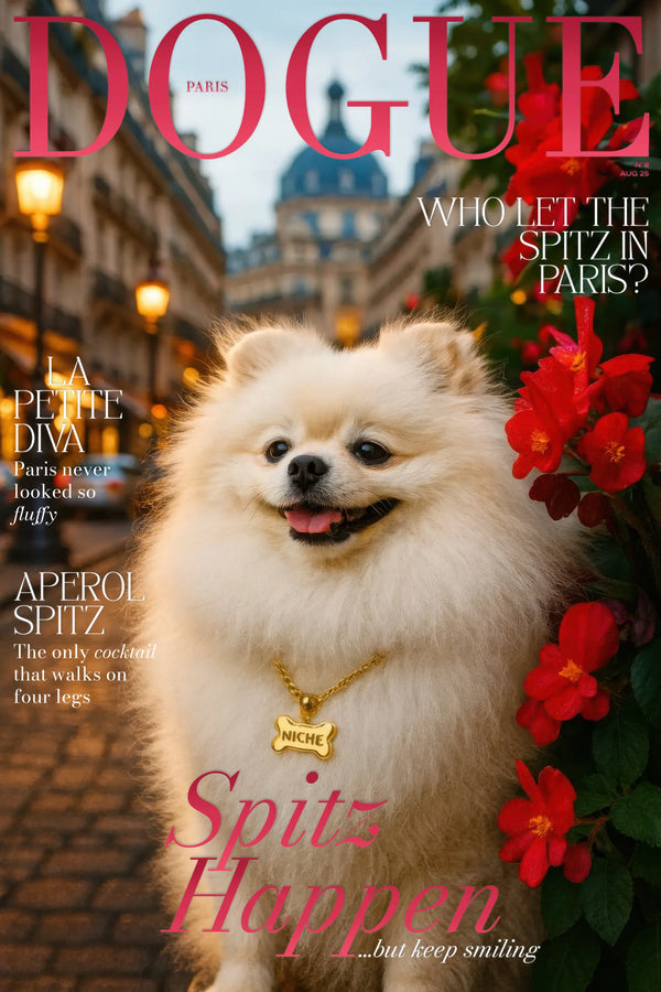 Fluffy Pomeranian smiling in Paris with gold NICHE pendant, chic dog wall art