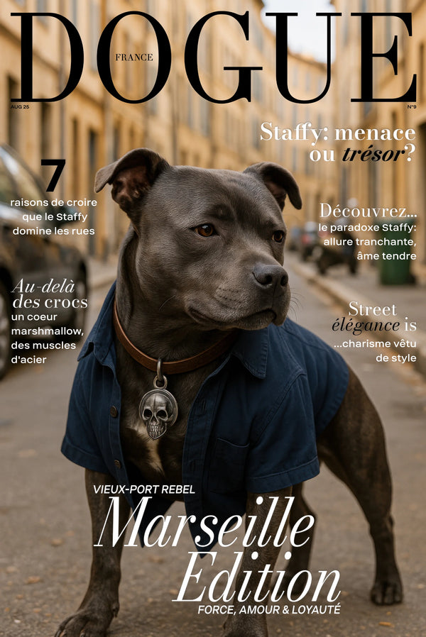 Staffy vêtu d’une chemise bleue et médaillon tête de mort, affiche urbaine Marseille